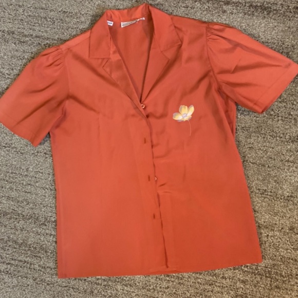 🔵 VTG Jones New York Silk like peach orange blouse hand painted small - Picture 11 of 14